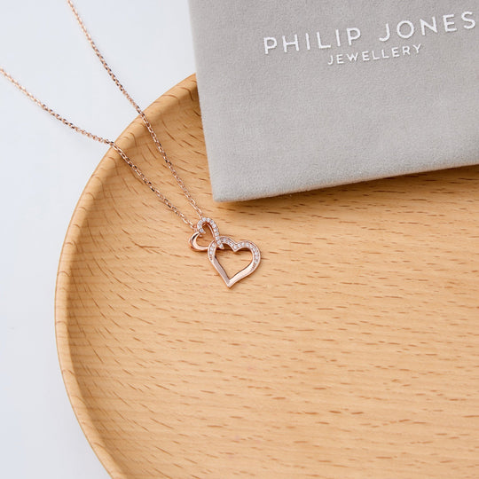Rose Gold Plated Heart Link Drop Necklace Created with Zircondia® Crystals - Philip Jones Jewellery