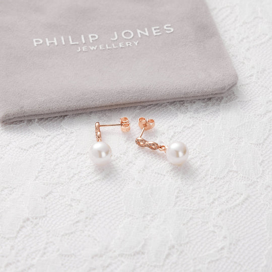 Rose Gold Plated I Couldn't Say I Do Without You Infinity Pearl Drop Earrings with Zircondia® Crystals - Philip Jones Jewellery
