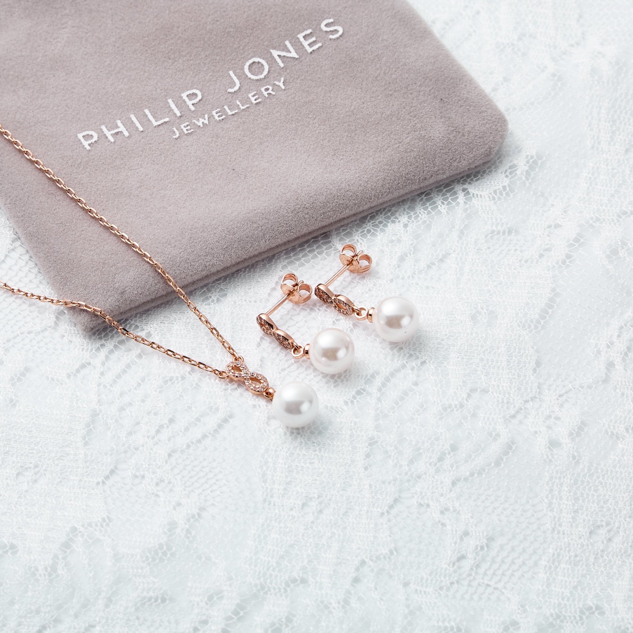 Rose Gold Plated I Couldn't Say I Do Without You Infinity Pearl Drop Set with Zircondia® Crystals - Philip Jones Jewellery