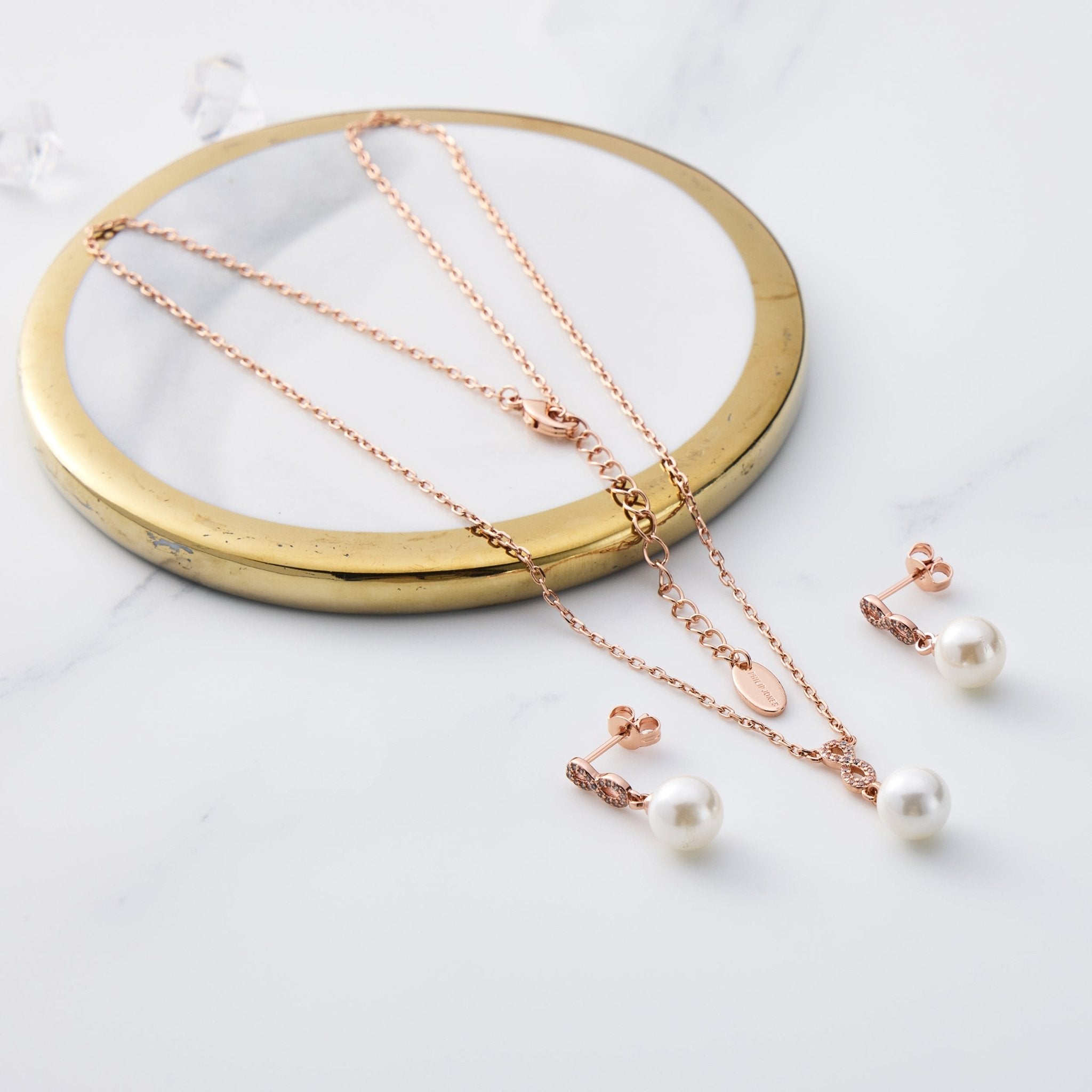 Rose Gold Plated I Couldn't Say I Do Without You Infinity Pearl Drop Set with Zircondia® Crystals - Philip Jones Jewellery