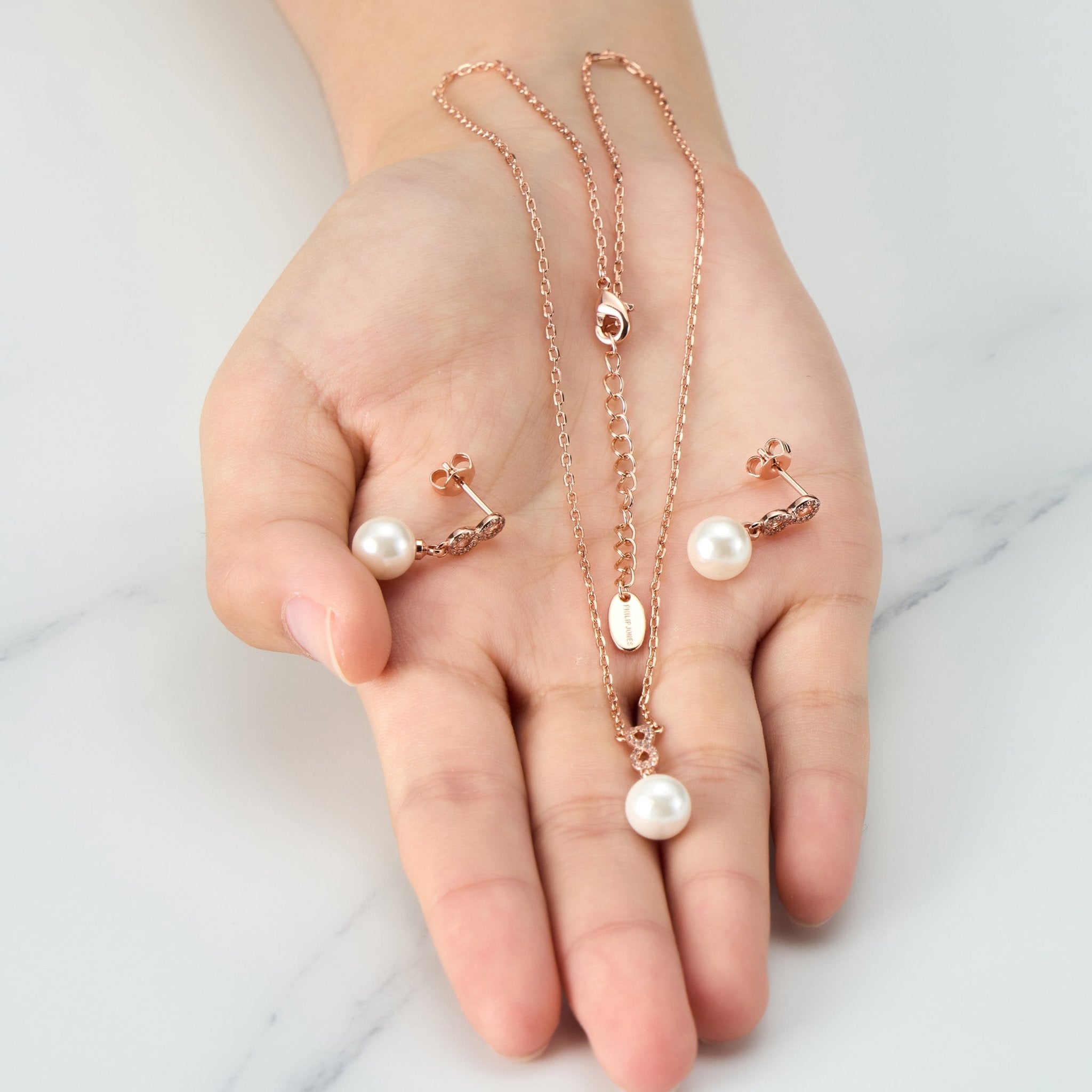 Rose Gold Plated I Couldn't Say I Do Without You Infinity Pearl Drop Set with Zircondia® Crystals - Philip Jones Jewellery