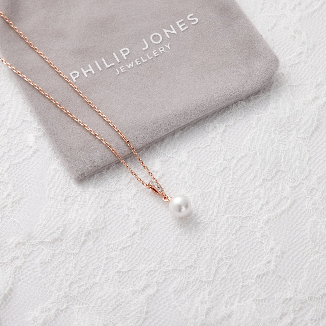 Rose Gold Plated I Couldn't Say I Do Without You Pearl Drop Necklace Created with Zircondia® Crystals - Philip Jones Jewellery
