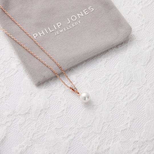 Rose Gold Plated I Couldn't Say I Do Without You Pearl Drop Necklace Created with Zircondia® Crystals - Philip Jones Jewellery