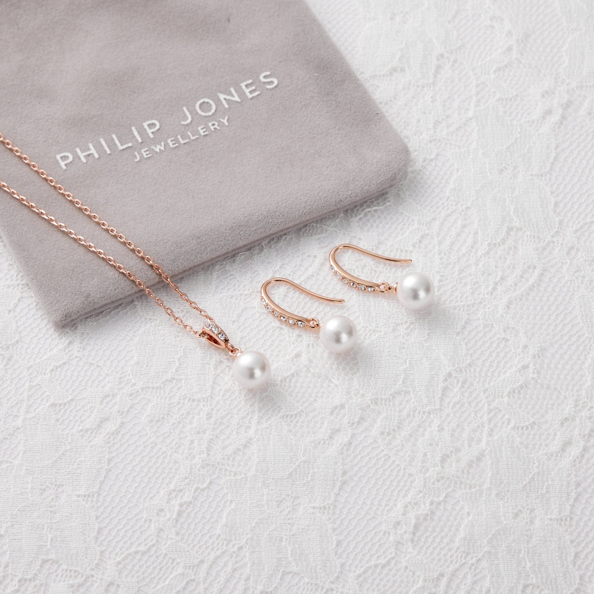 Rose Gold Plated I Couldn't Say I Do Without You Pearl Drop Set Created with Zircondia® Crystals - Philip Jones Jewellery