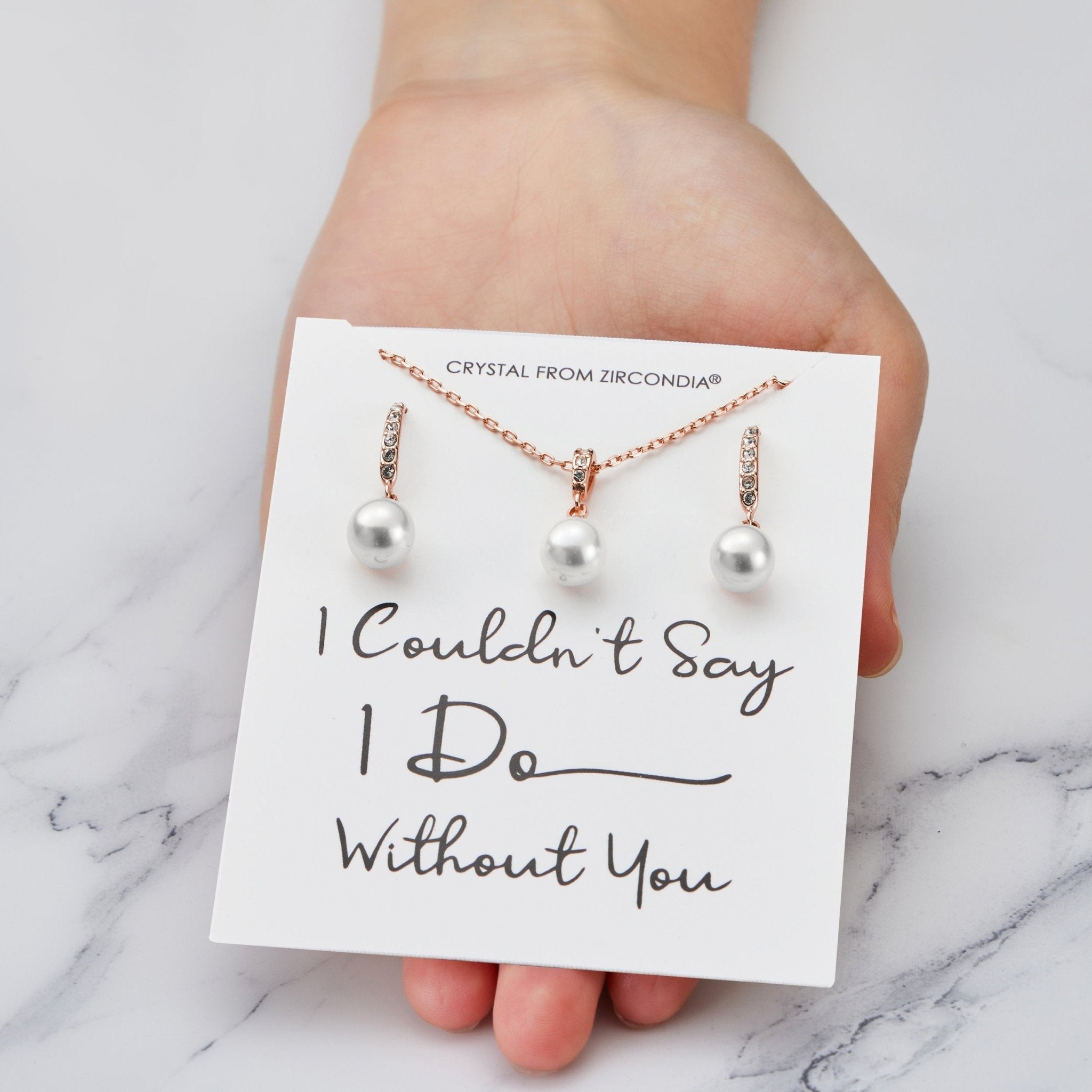 Rose Gold Plated I Couldn't Say I Do Without You Pearl Drop Set Created with Zircondia® Crystals - Philip Jones Jewellery