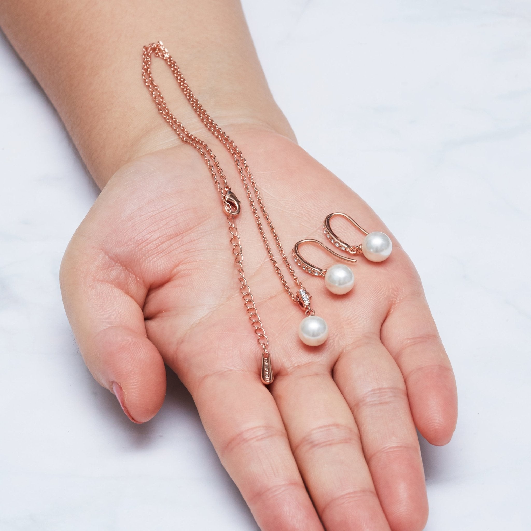 Rose Gold Plated I Couldn't Say I Do Without You Pearl Drop Set Created with Zircondia® Crystals - Philip Jones Jewellery