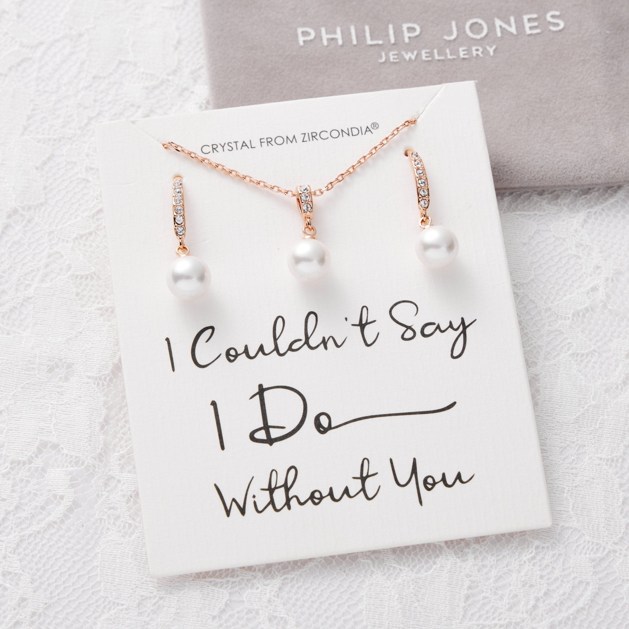 Rose Gold Plated I Couldn't Say I Do Without You Pearl Drop Set Created with Zircondia® Crystals - Philip Jones Jewellery