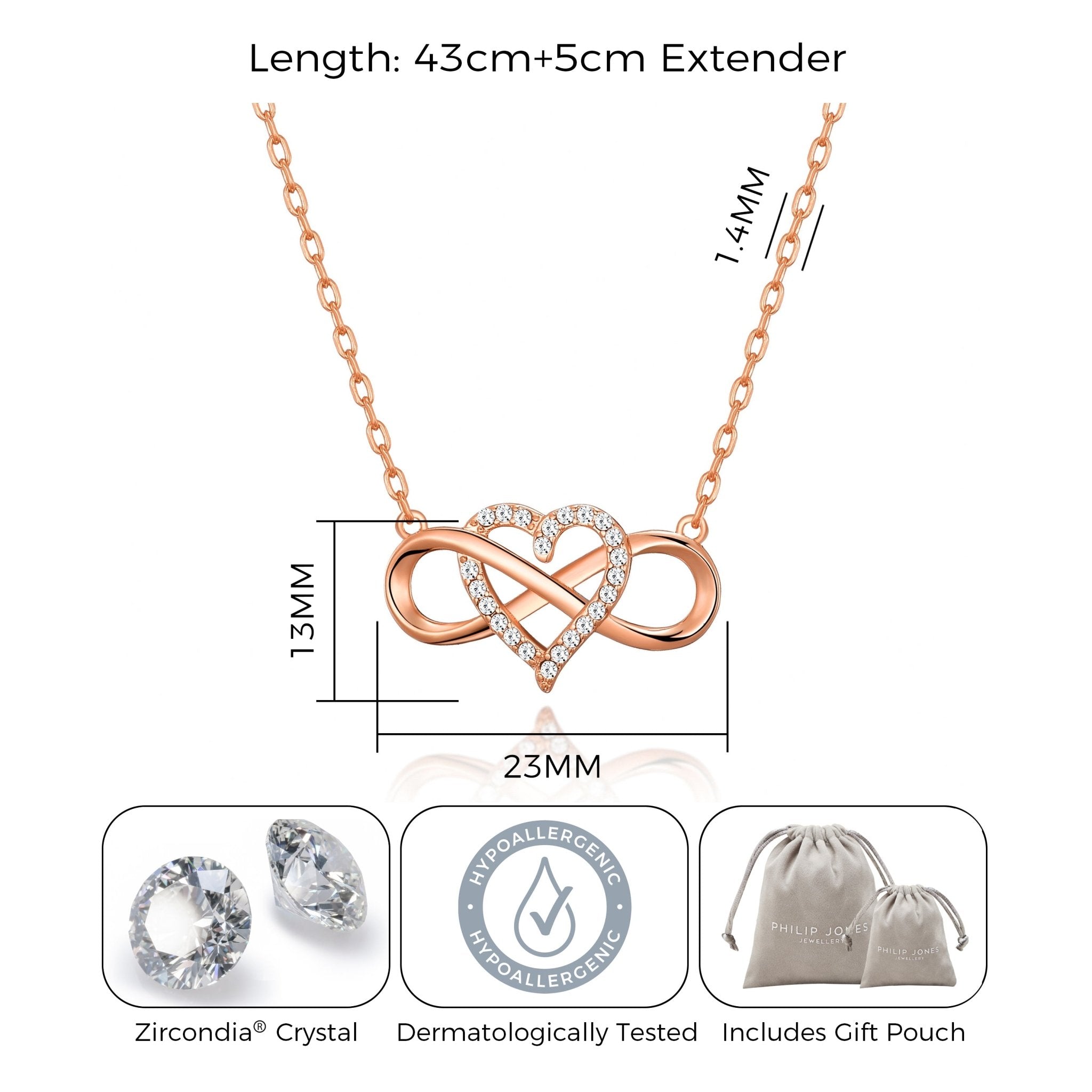 Rose Gold Plated Infinity Heart Necklace Created with Zircondia® Crystals - Philip Jones Jewellery