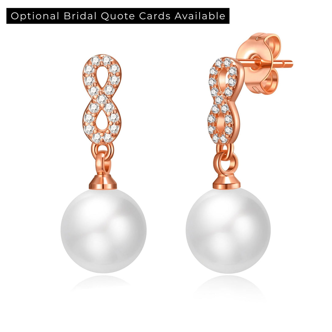 Rose Gold Plated Infinity Pearl Drop Bridal Earrings Created with Zircondia® Crystals - Philip Jones Jewellery
