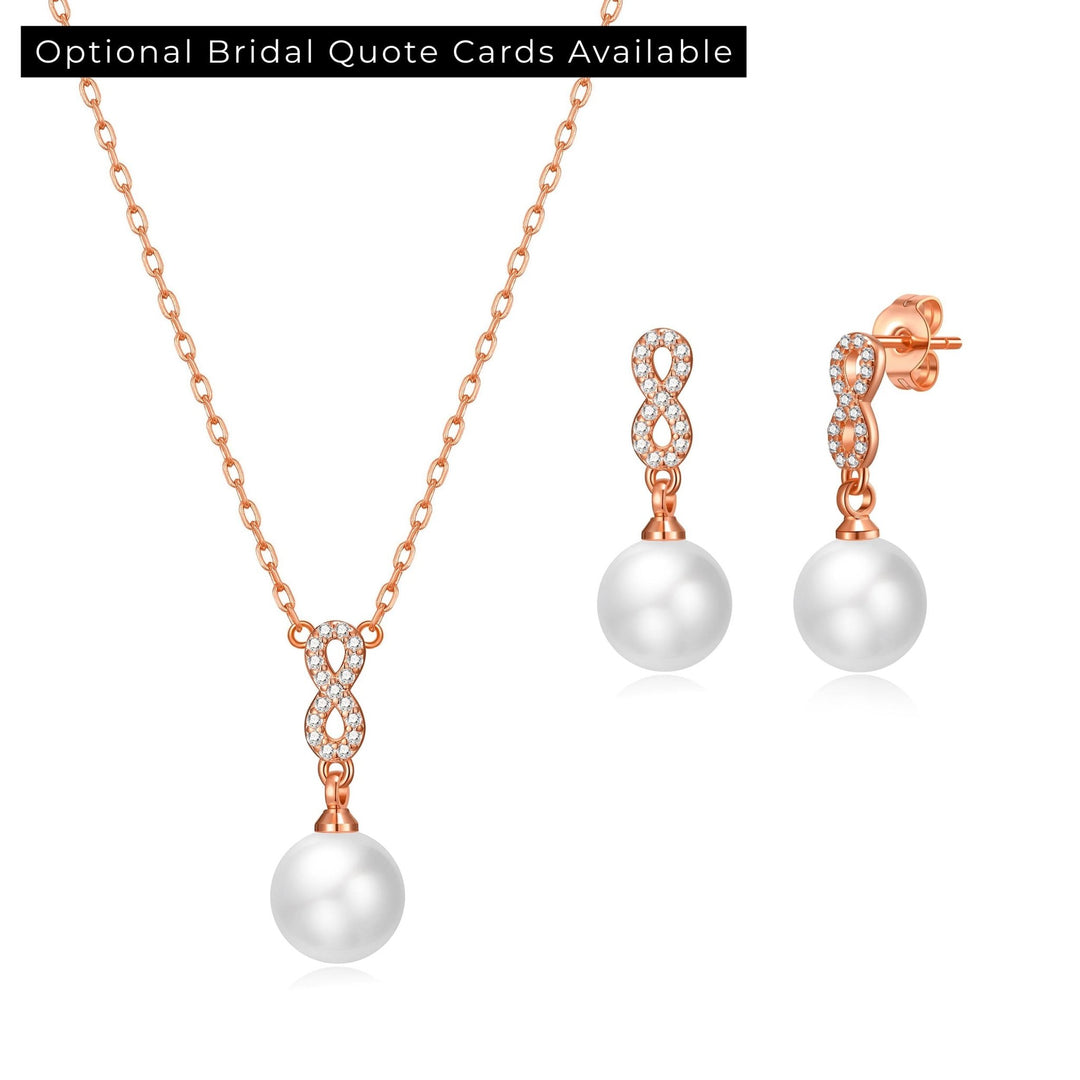 Rose Gold Plated Infinity Pearl Drop Bridal Set Created with Zircondia® Crystals - Philip Jones Jewellery