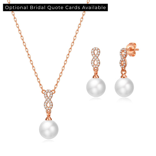 Rose Gold Plated Infinity Pearl Drop Bridal Set Created with Zircondia® Crystals - Philip Jones Jewellery