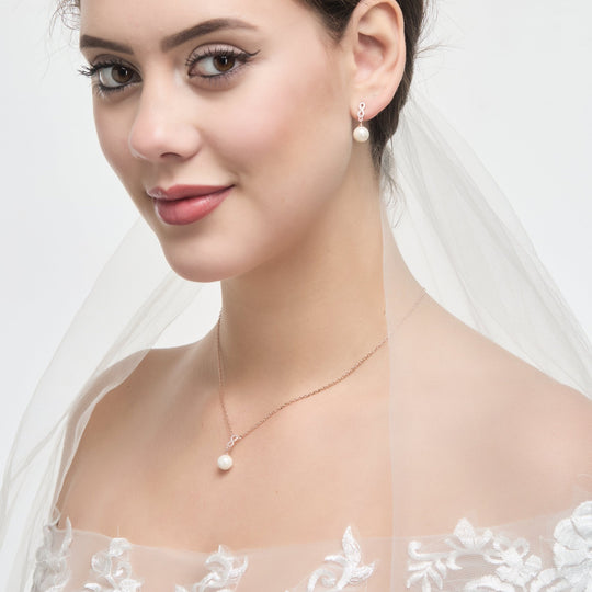 Rose Gold Plated Infinity Pearl Drop Bridal Set Created with Zircondia® Crystals - Philip Jones Jewellery