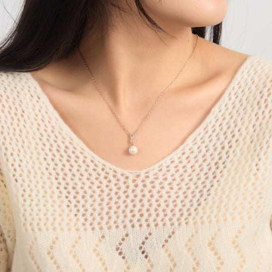 Rose Gold Plated Infinity Pearl Drop Necklace Created with Zircondia® Crystals - Philip Jones Jewellery