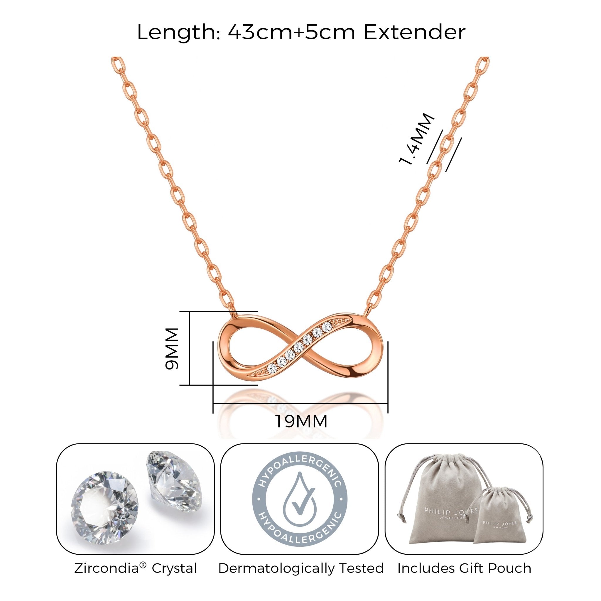 Rose Gold Plated Infinity Pendant Necklace Created with Zircondia® Crystals - Philip Jones Jewellery