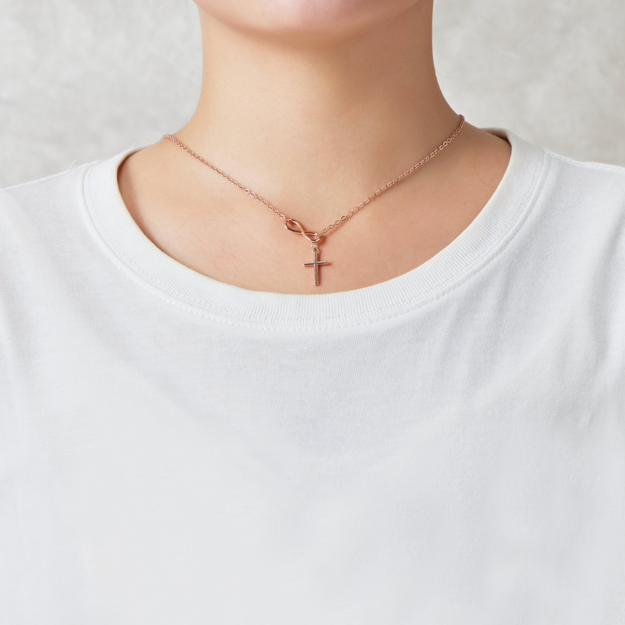 Rose Gold Plated Infinity with Cross Lariat Necklace - Philip Jones Jewellery