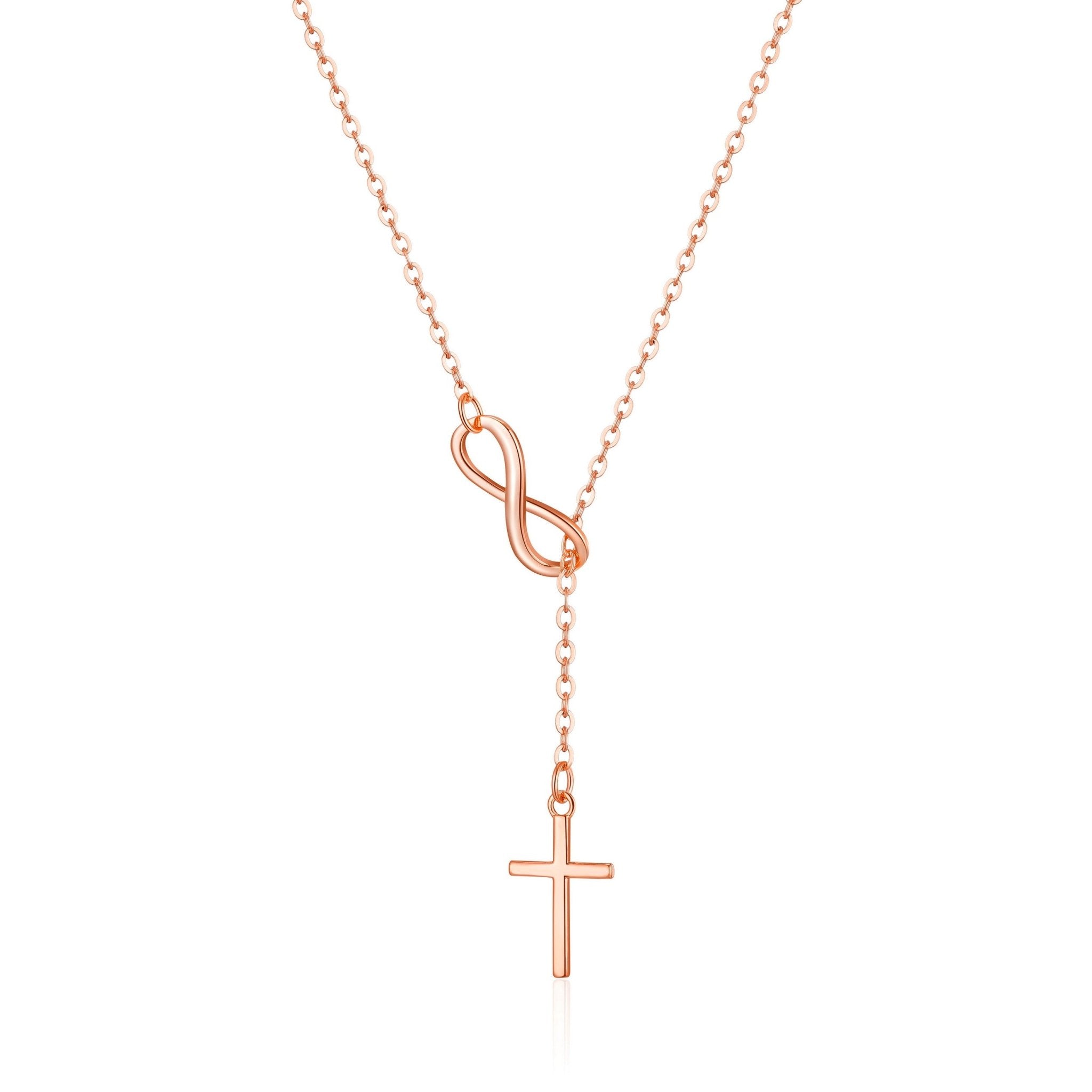 Rose Gold Plated Infinity with Cross Lariat Necklace - Philip Jones Jewellery