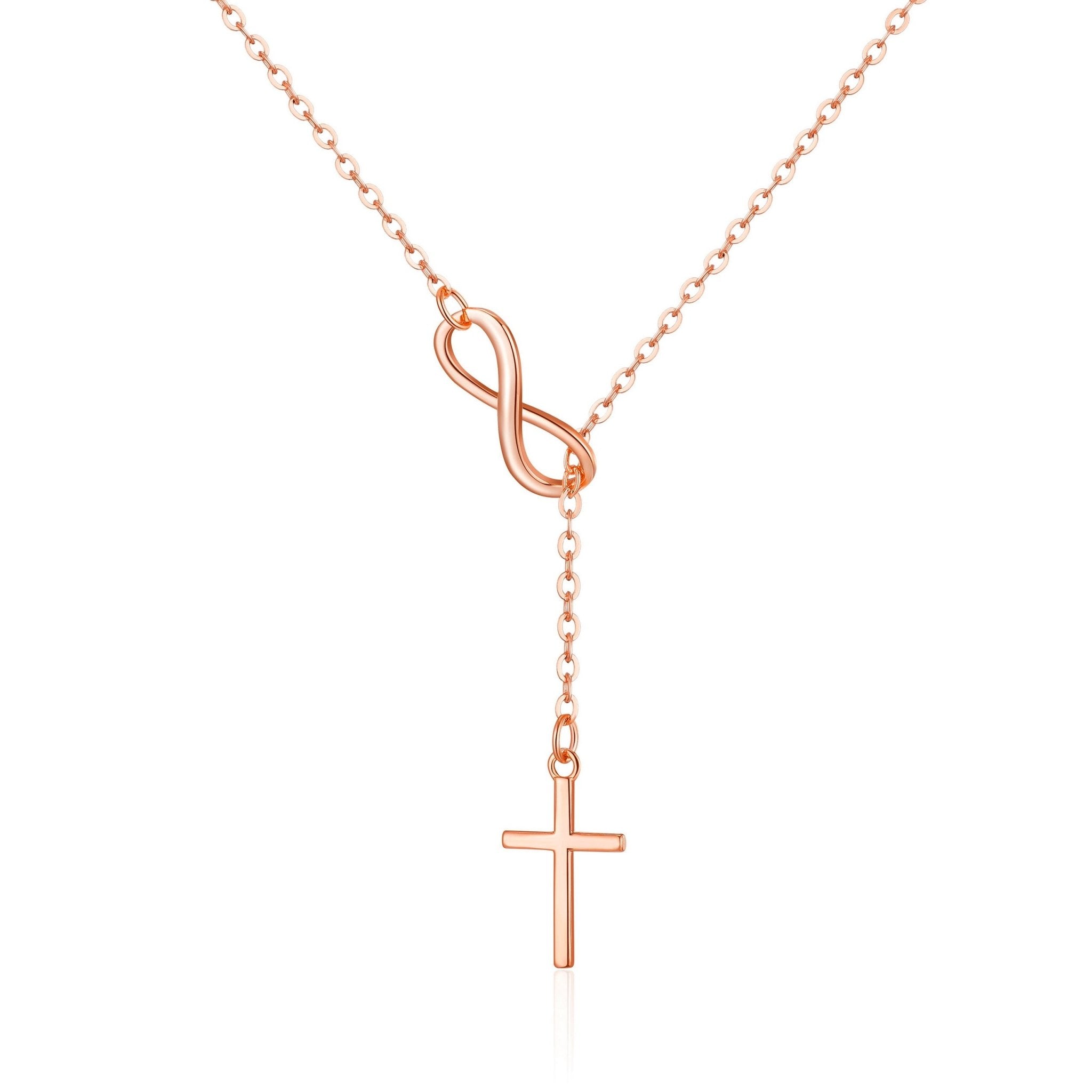 Rose Gold Plated Infinity with Cross Lariat Necklace - Philip Jones Jewellery