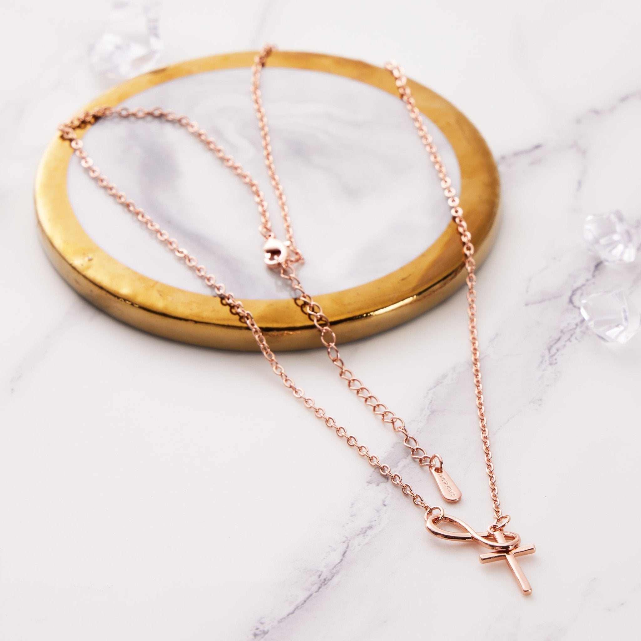 Rose Gold Plated Infinity with Cross Lariat Necklace - Philip Jones Jewellery