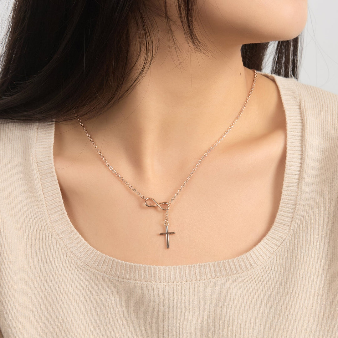 Rose Gold Plated Infinity with Cross Lariat Necklace - Philip Jones Jewellery
