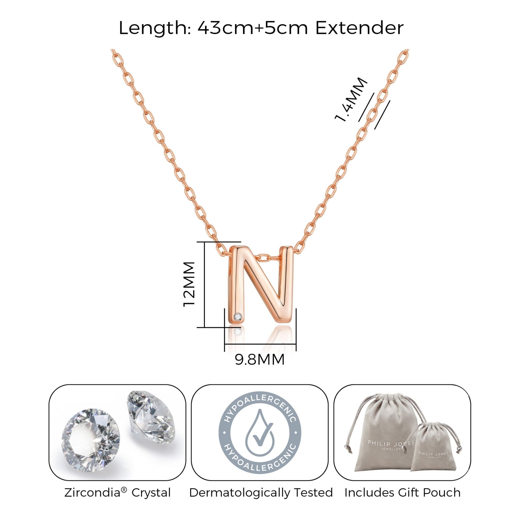 Rose Gold Plated Initial Necklace Letter N Created with Zircondia® Crystals - Philip Jones Jewellery