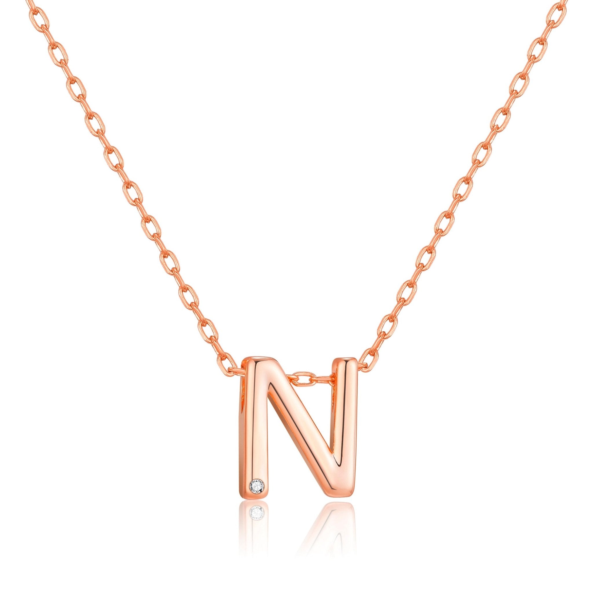 Rose Gold Plated Initial Necklace Letter N Created with Zircondia® Crystals - Philip Jones Jewellery