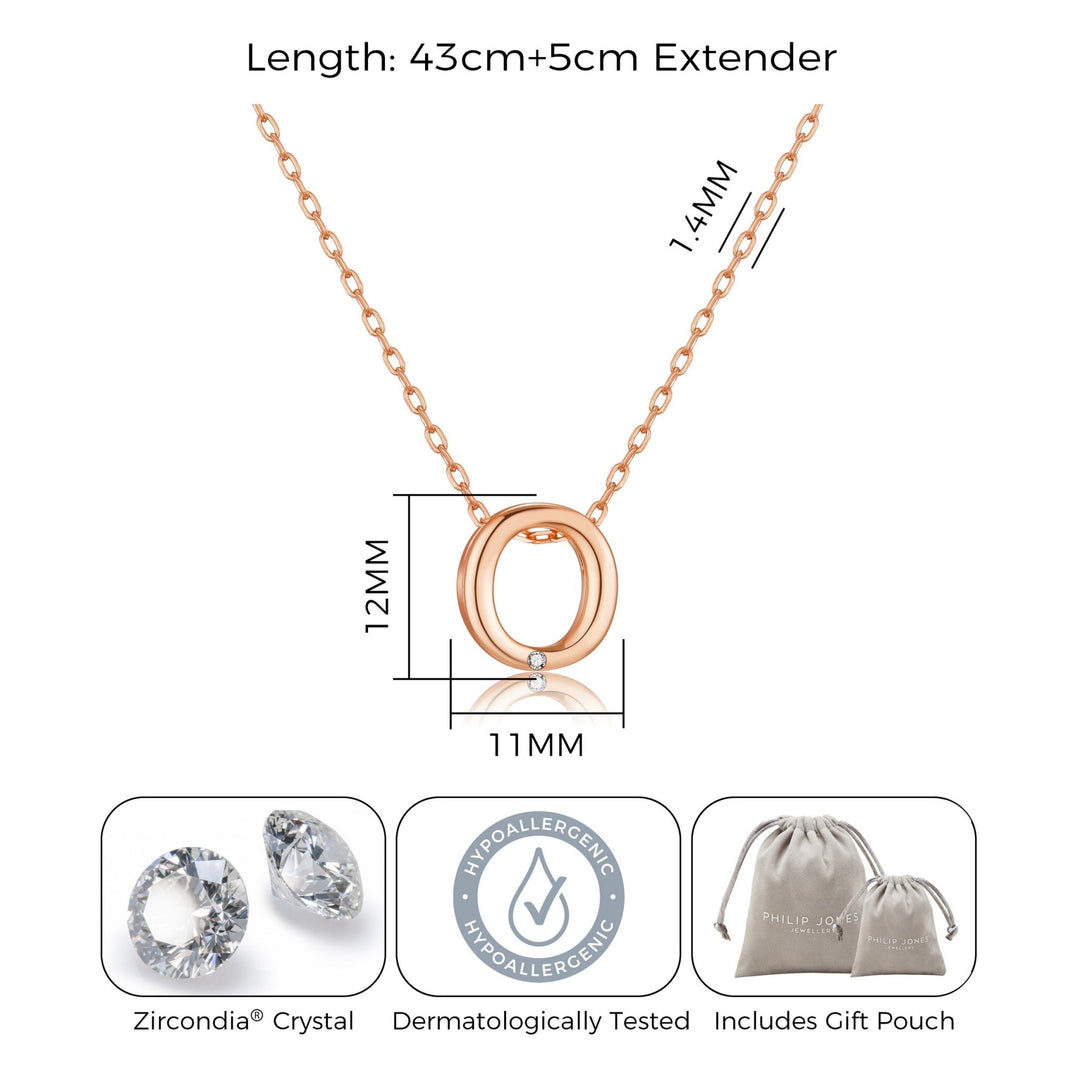 Rose Gold Plated Initial Necklace Letter O Created with Zircondia® Crystals - Philip Jones Jewellery
