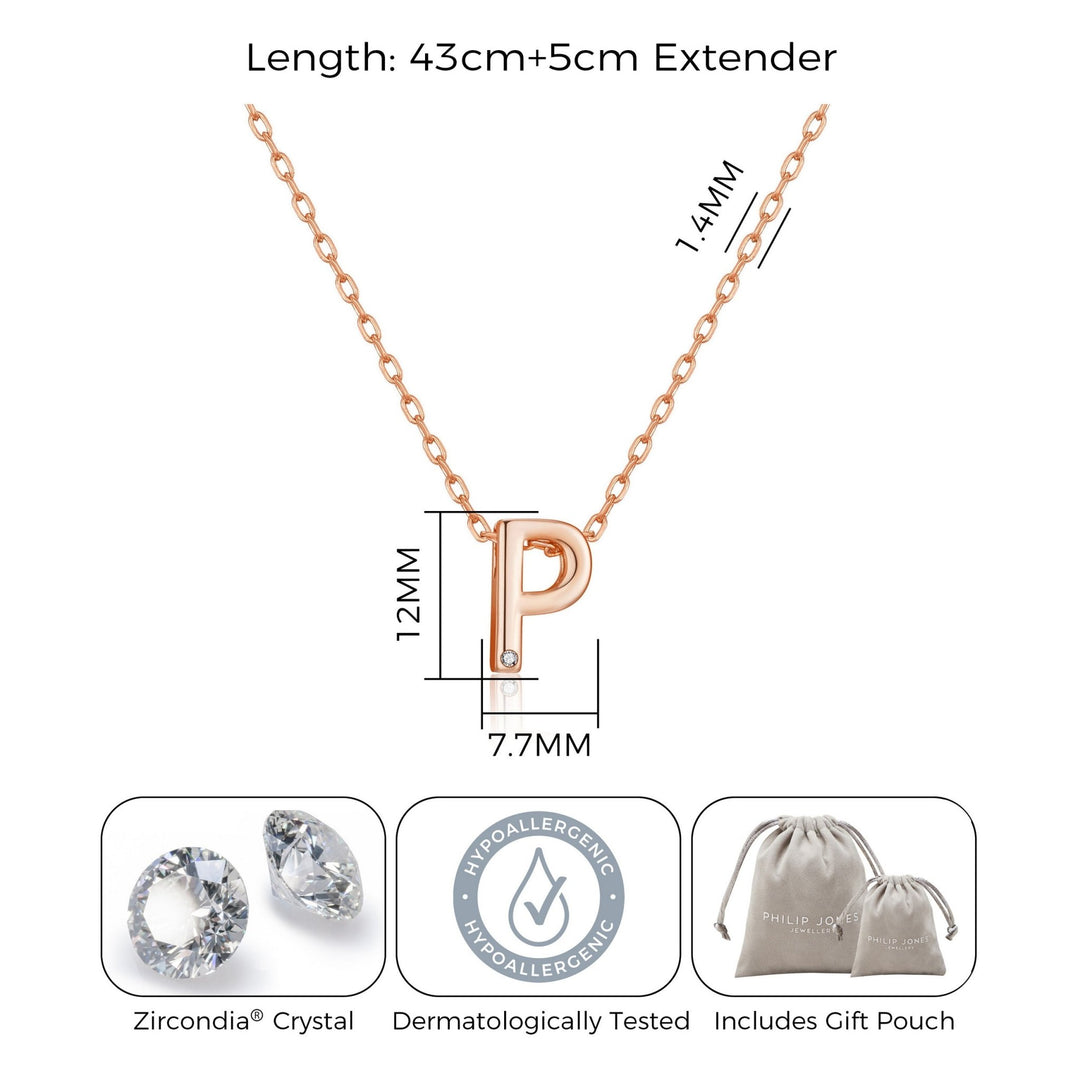 Rose Gold Plated Initial Necklace Letter P Created with Zircondia® Crystals - Philip Jones Jewellery