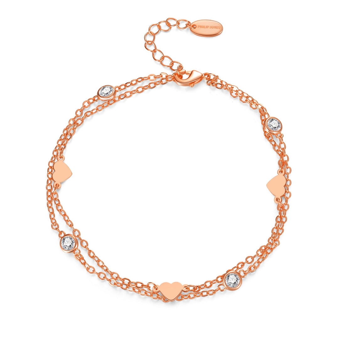 Rose Gold Plated Layered Heart Anklet Created with Zircondia® Crystals - Philip Jones Jewellery