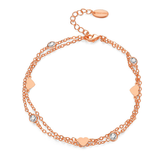 Rose Gold Plated Layered Heart Anklet Created with Zircondia® Crystals - Philip Jones Jewellery
