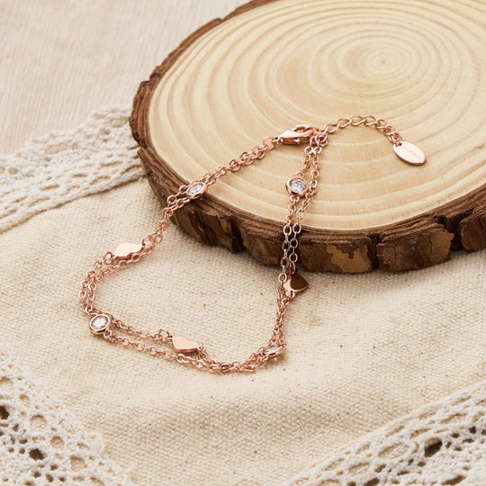 Rose Gold Plated Layered Heart Anklet Created with Zircondia® Crystals - Philip Jones Jewellery