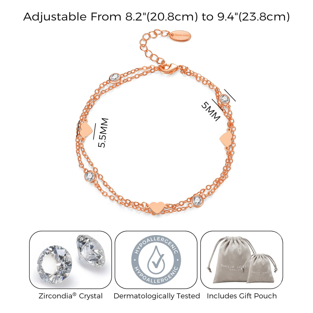 Rose Gold Plated Layered Heart Anklet Created with Zircondia® Crystals - Philip Jones Jewellery