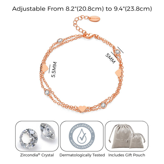 Rose Gold Plated Layered Heart Anklet Created with Zircondia® Crystals - Philip Jones Jewellery