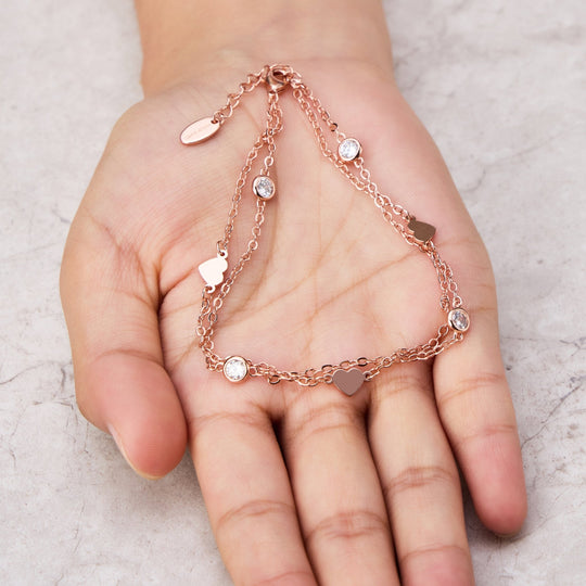 Rose Gold Plated Layered Heart Anklet Created with Zircondia® Crystals - Philip Jones Jewellery