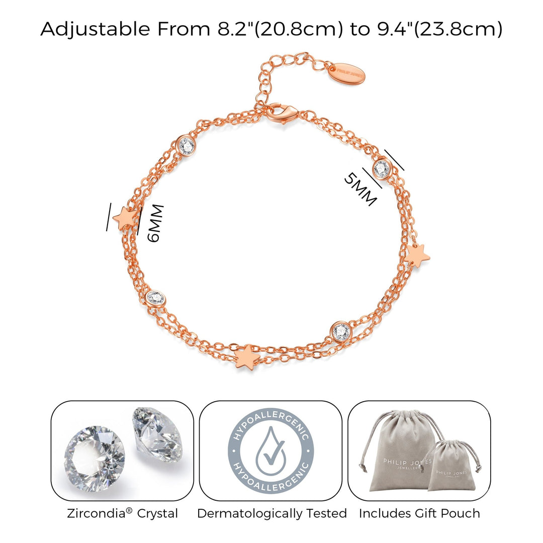 Rose Gold Plated Layered Star Anklet Created with Zircondia® Crystals - Philip Jones Jewellery