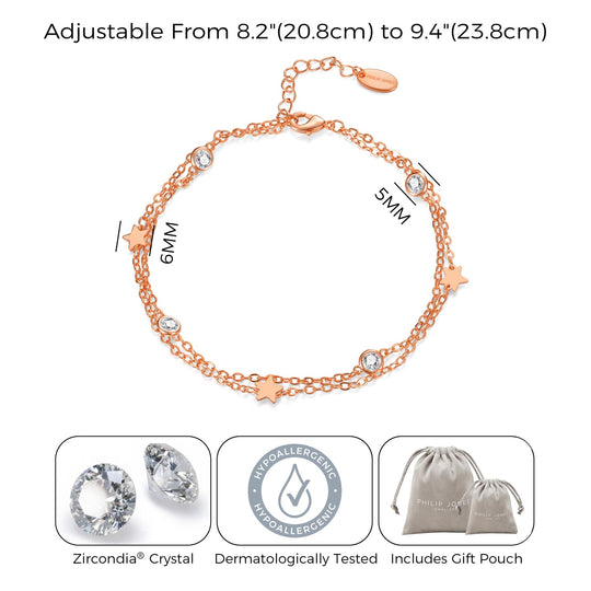Rose Gold Plated Layered Star Anklet Created with Zircondia® Crystals - Philip Jones Jewellery