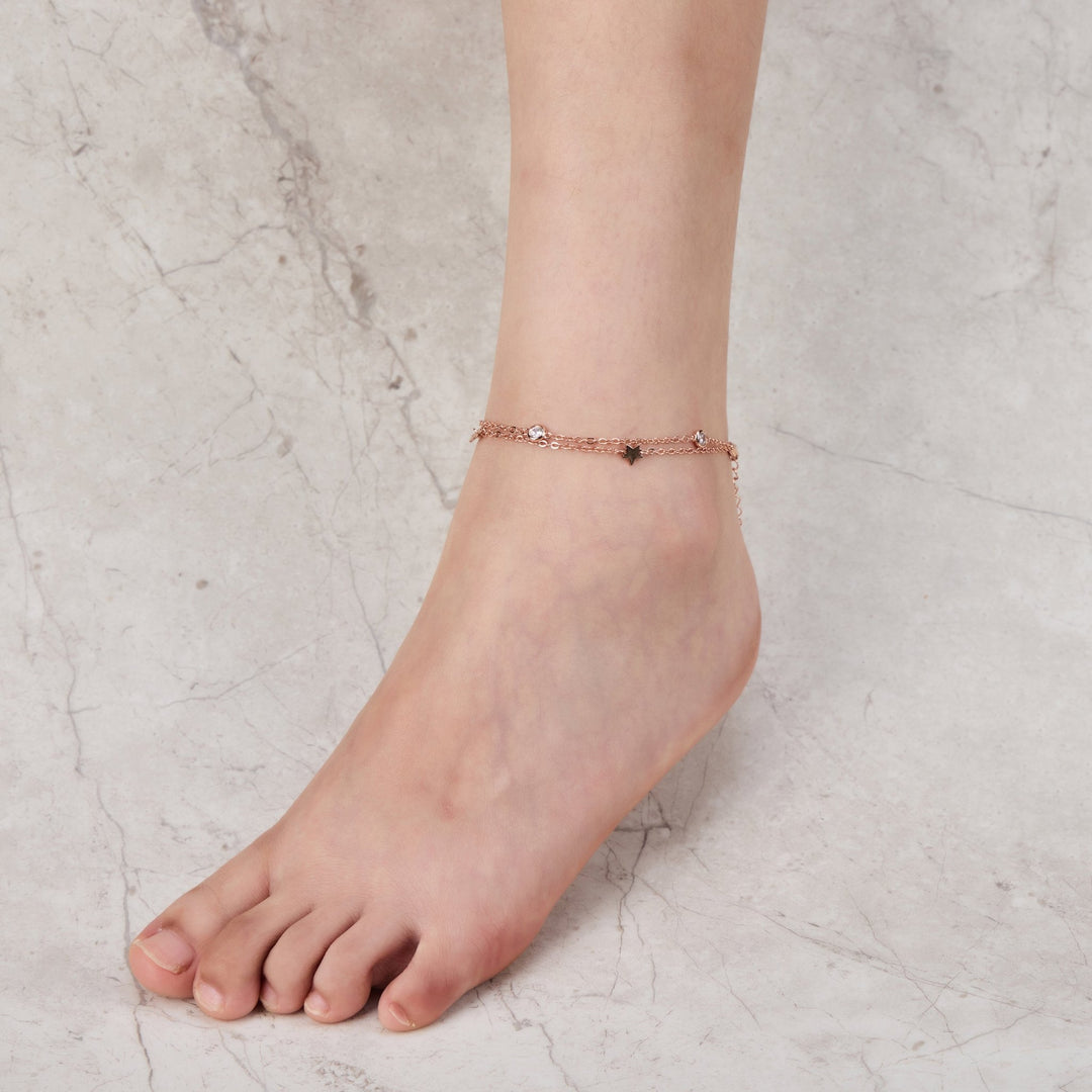 Rose Gold Plated Layered Star Anklet Created with Zircondia® Crystals - Philip Jones Jewellery