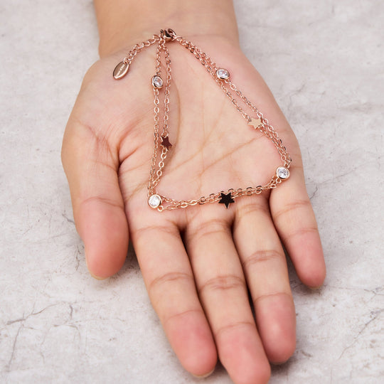 Rose Gold Plated Layered Star Anklet Created with Zircondia® Crystals - Philip Jones Jewellery