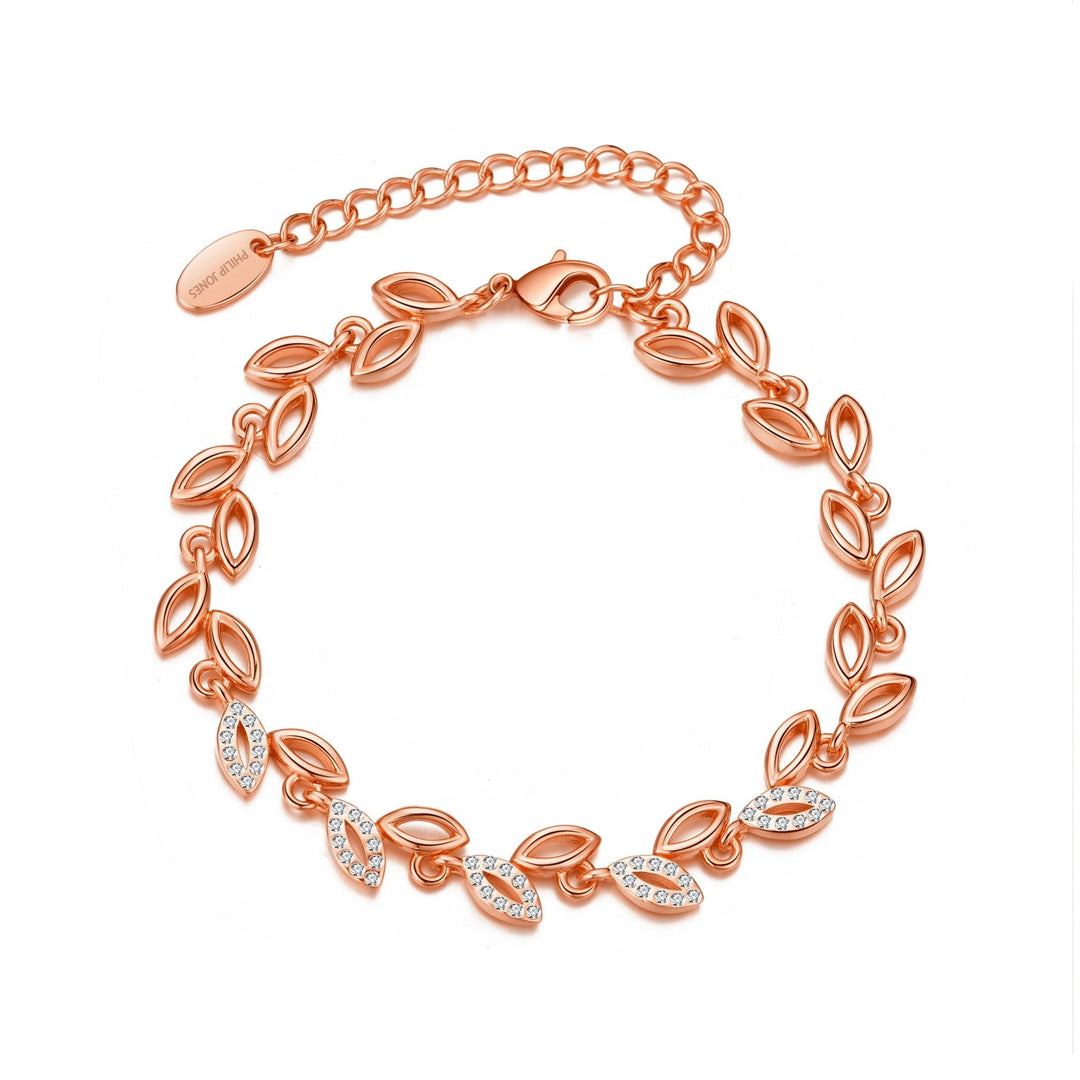 Rose Gold Plated Leaf Bracelet Created With Crystals From Zircondia® - Philip Jones Jewellery