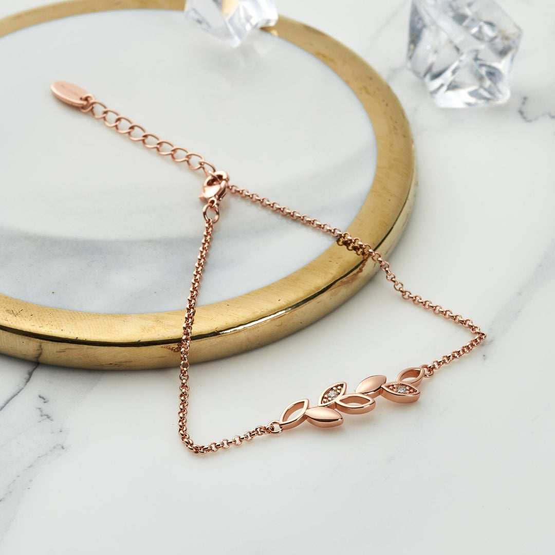 Rose Gold Plated Leaf Chain Bracelet Created with Zircondia® Crystals - Philip Jones Jewellery