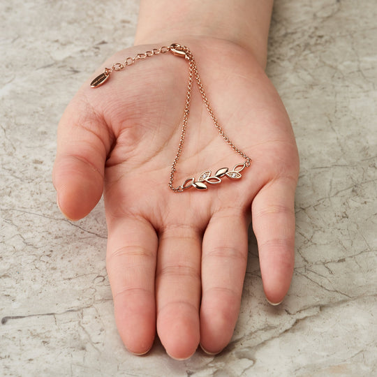 Rose Gold Plated Leaf Chain Bracelet Created with Zircondia® Crystals - Philip Jones Jewellery