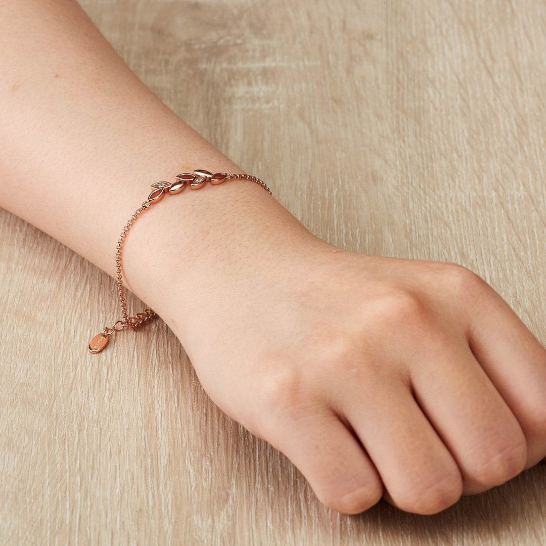 Rose Gold Plated Leaf Chain Bracelet Created with Zircondia® Crystals - Philip Jones Jewellery