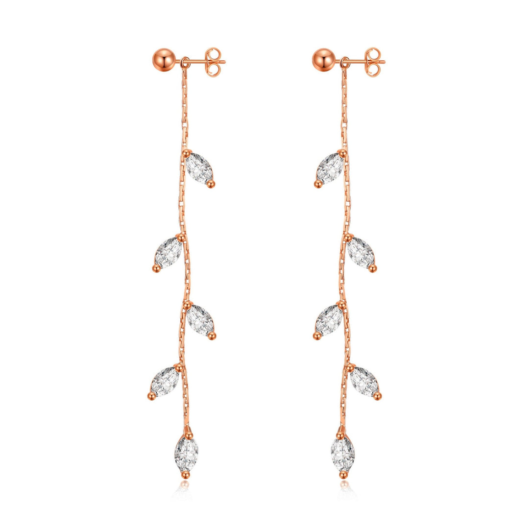Rose Gold Plated Leaf Dangle Earrings Created with Zircondia® Crystals - Philip Jones Jewellery