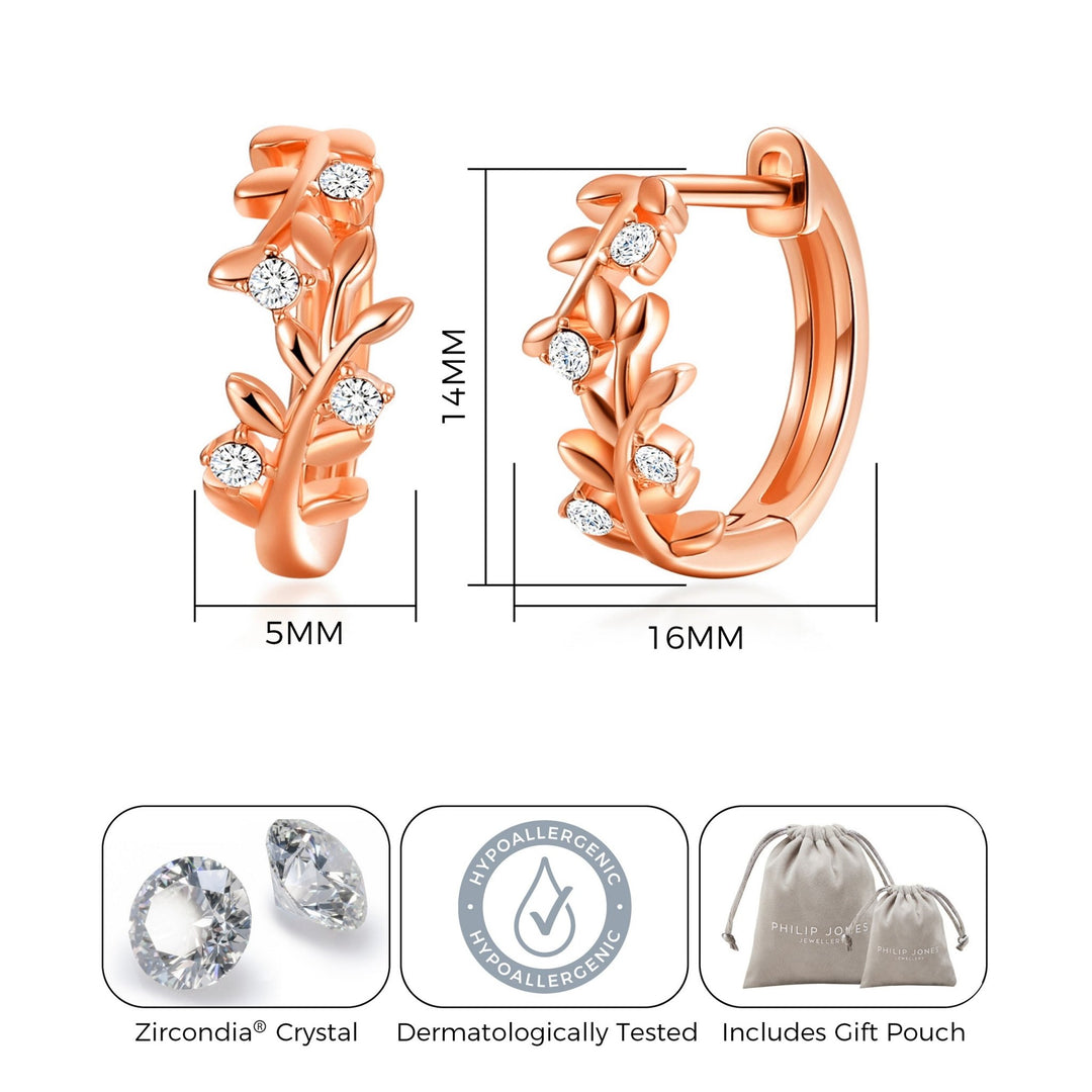 Rose Gold Plated Leaf Hoop Earrings Created with Zircondia® Crystals - Philip Jones Jewellery