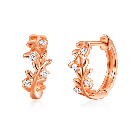 Rose Gold Plated Leaf Hoop Earrings Created with Zircondia® Crystals - Philip Jones Jewellery