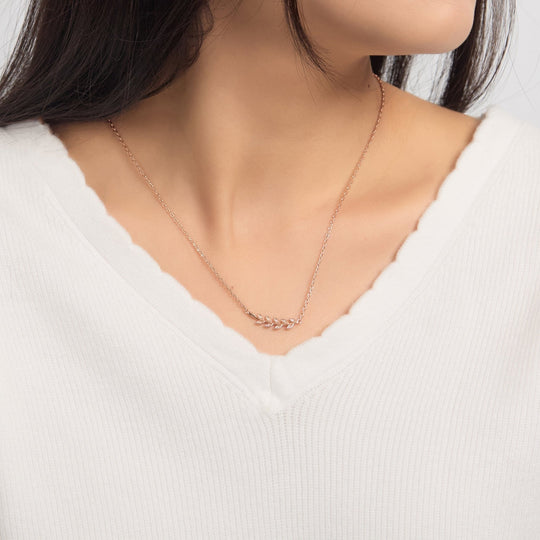 Rose Gold Plated Leaf Necklace Created with Zircondia® Crystals - Philip Jones Jewellery