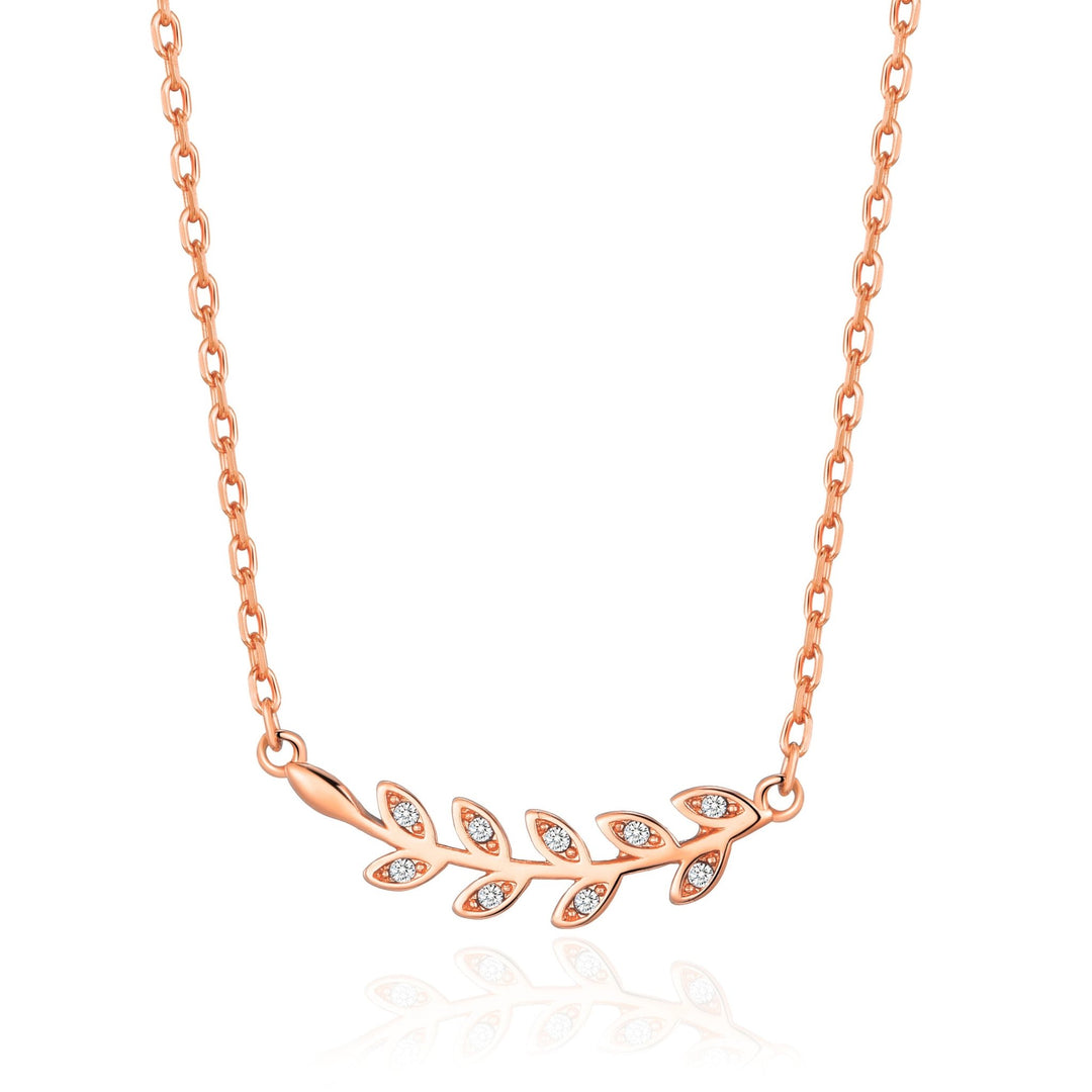 Rose Gold Plated Leaf Necklace Created with Zircondia® Crystals - Philip Jones Jewellery
