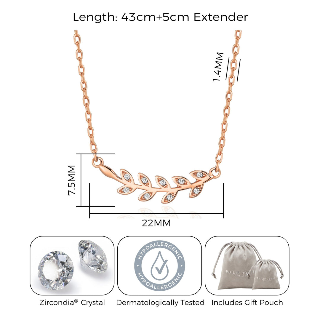 Rose Gold Plated Leaf Necklace Created with Zircondia® Crystals - Philip Jones Jewellery