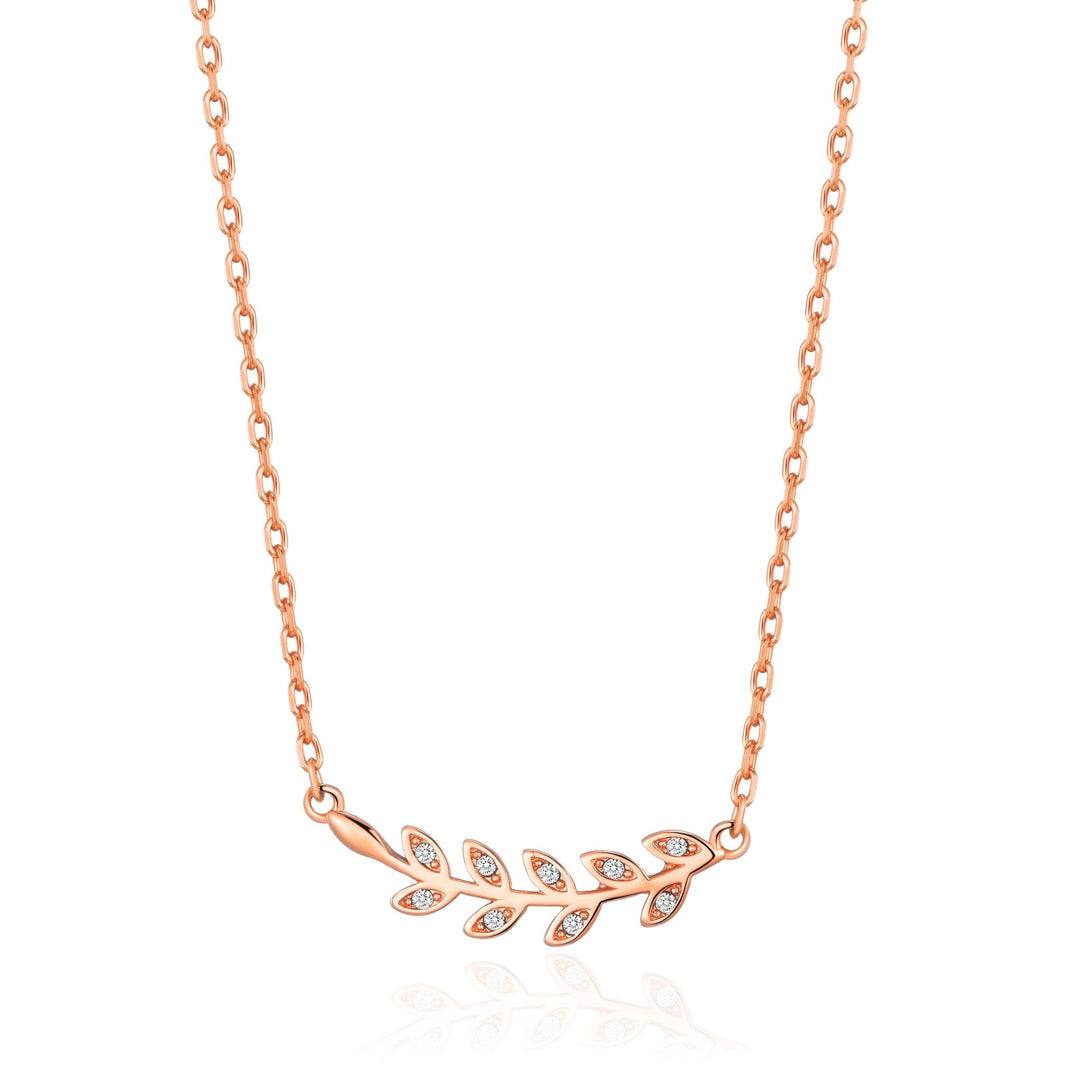 Rose Gold Plated Leaf Necklace Created with Zircondia® Crystals - Philip Jones Jewellery