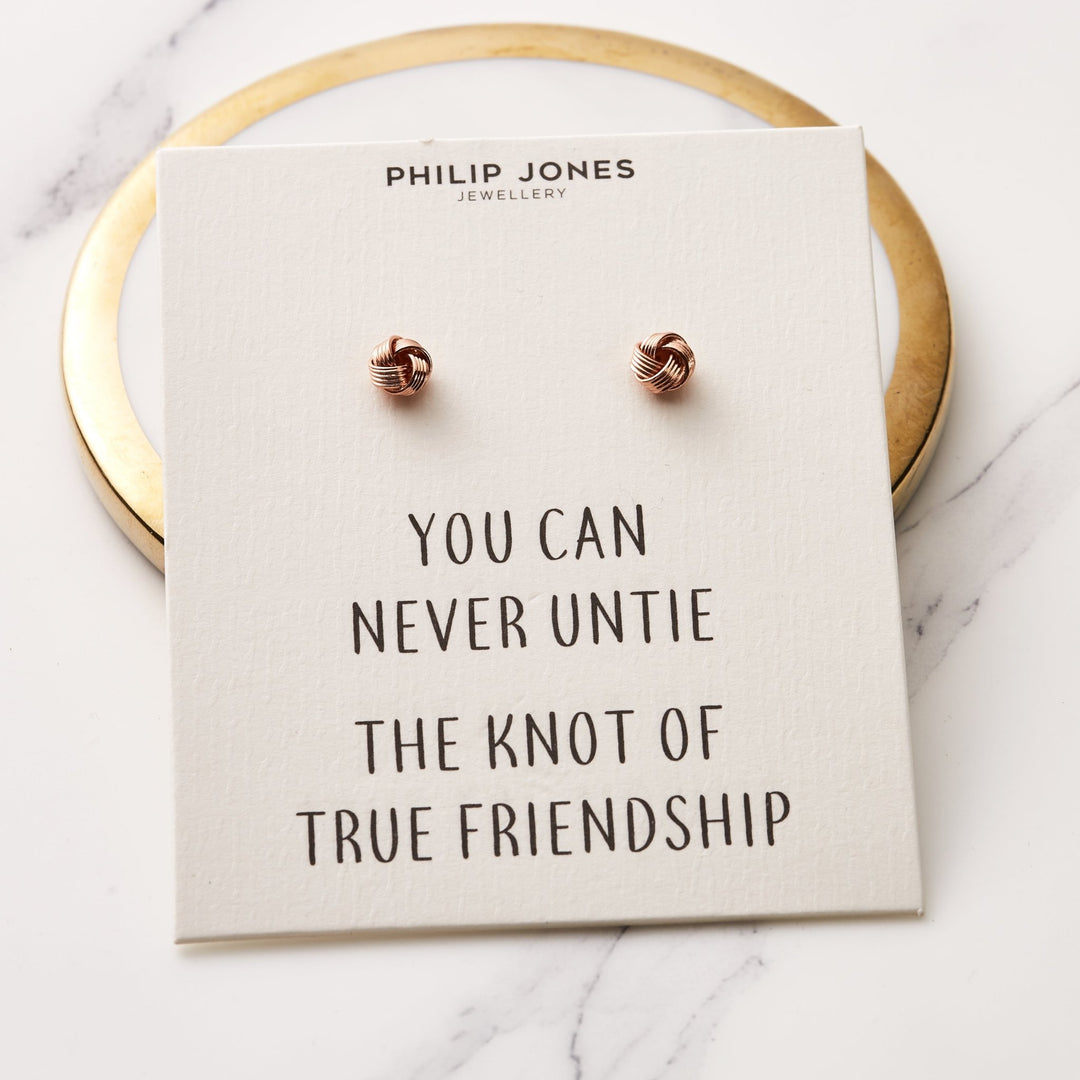 Rose Gold Plated Love Knot Earrings with Quote Card - Philip Jones Jewellery