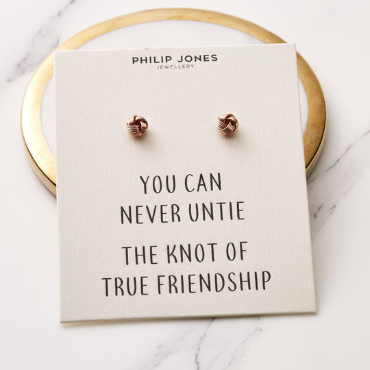 Rose Gold Plated Love Knot Earrings with Quote Card - Philip Jones Jewellery